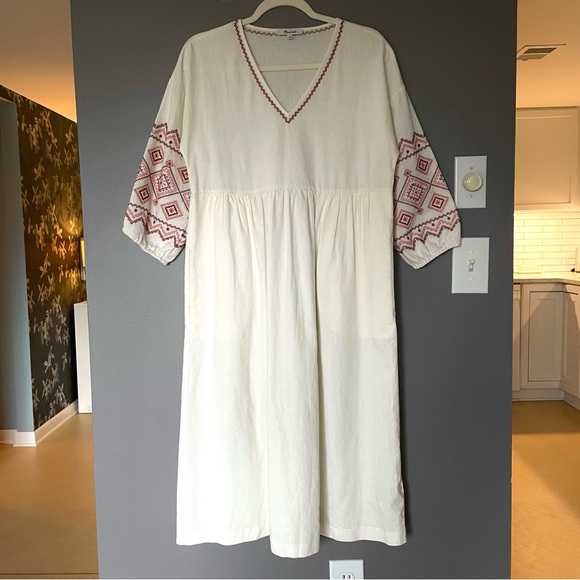 Madewell Embroidered Sleeve Linen Blend Popover Midi Dress in White Combo XS EUC - Picture 5 of 13